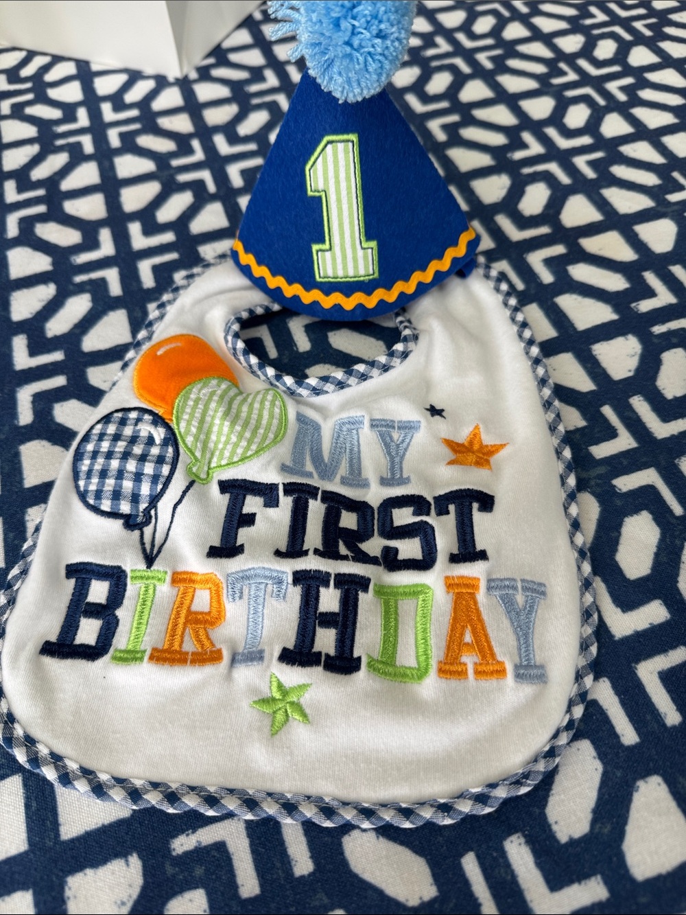 Baby Essentials Blue, Green, Orange First Birthday Bib & Party Hat Set